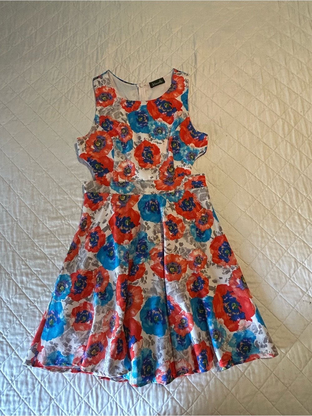 Maude Sleeveless Floral Fit & Flare Dress in Red and Blue